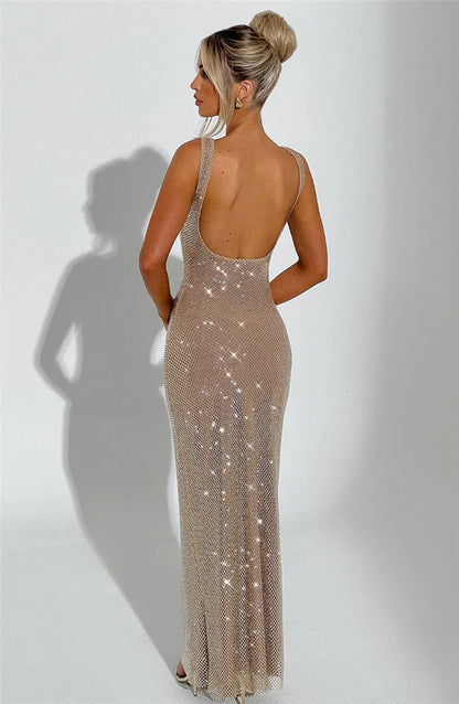 Mozision Sequins Backless Sexy Maxi Dress For Women Gown Fashion Sparkle Square Collar Sleeveless Bodycon Club Long Dress
