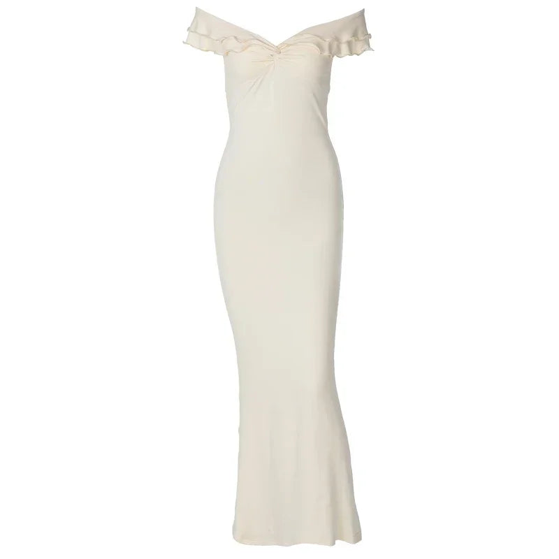 2024 Fall Solid Slash Neck Ruffles Sexy Bodycon Elegant Maxi Prom Dress Women Y2K Outfits Evening Party Birthday