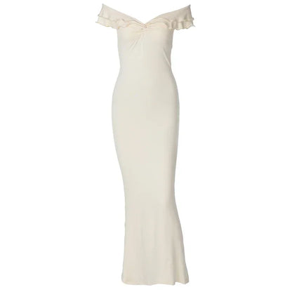 2024 Fall Solid Slash Neck Ruffles Sexy Bodycon Elegant Maxi Prom Dress Women Y2K Outfits Evening Party Birthday