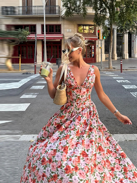Deep V-print Pleated Camisole Women Dress Cinched Waist And Slim Zipper A-line Robe 2025 Summer Party Vacation Lady Long Dresses