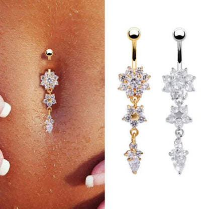 Alloy Zircon Navel Nail Ring Crystal Bar Barbell Drop Flower Dangle Body Piercing Belly Button Rings Men Women Body Jewelry Gift