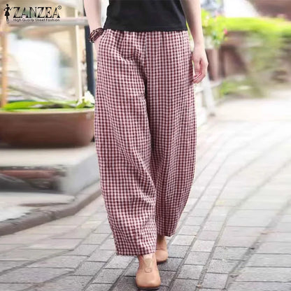 ZANZEA 2025 チェック柄パンツ レディース ファッション ランタンパンツ カジュアル ルーズ ロングパンツ 夏 ポケット 伸縮性ウエスト ボトムス オーバーサイズ