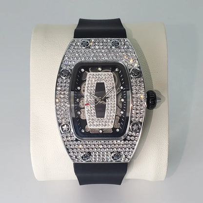 Luxury Diamond Watch For Women Elegant Tonneau Original Design Watches Fashion Ice Out Sport Rubber Strap Waterproof Mille Clock
