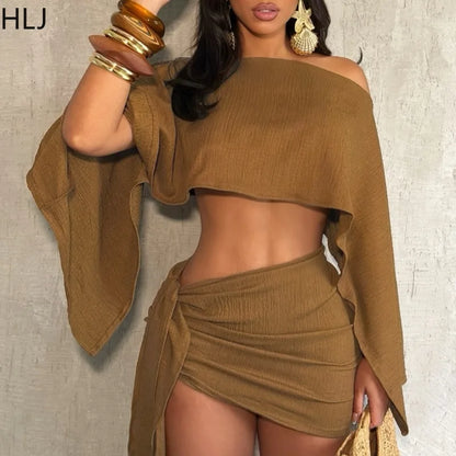 HLJ Elegant Off Showlder Two Piece Outfits Woman Summer One Shoulder Flared Sleeve Loose Crop Top and Skirt Suit Streetwear New