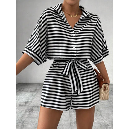 Summer New Set For Women's Casual Loose Comfortable Outfit Fashion Striped Batwing Sleeve Shirt Top+ Shorts 2-piece Sets Woman