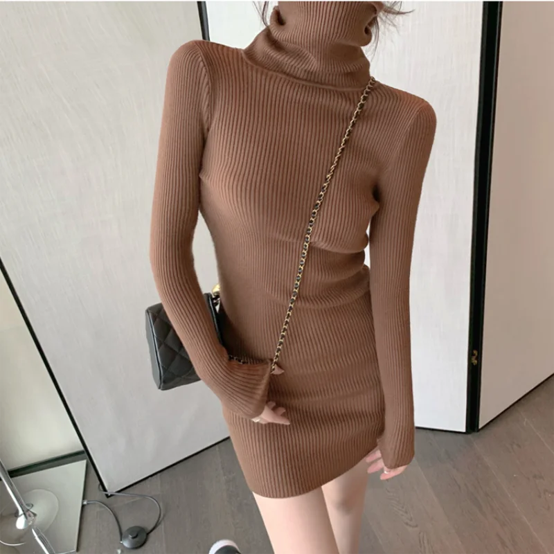 レディース 秋冬 タートルネック 暖かい ボディコン ワンピース 長袖 ニット 無地 オフィス プルオーバー セクシー ミニドレス 2025