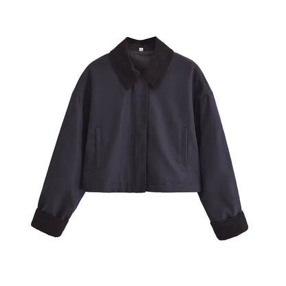 TRZA Women Fashion Patchwork Corduroy Cropped Jacket Coat Long Sleeve Front Zipper Female Outerwear Chic Tops
