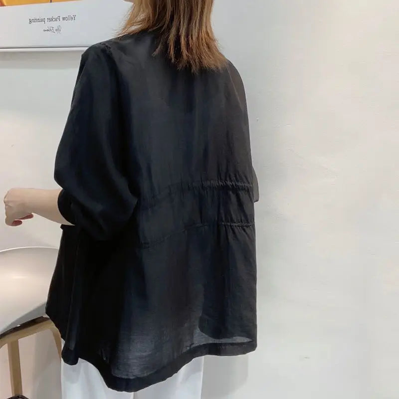 Plus Size Waist Tie V-neck Black Blazer Women Summer Cardigan Sunscreen White Jacket Korean Fashion Casual Pocket Outerwear New
