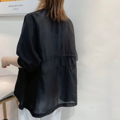 Plus Size Waist Tie V-neck Black Blazer Women Summer Cardigan Sunscreen White Jacket Korean Fashion Casual Pocket Outerwear New