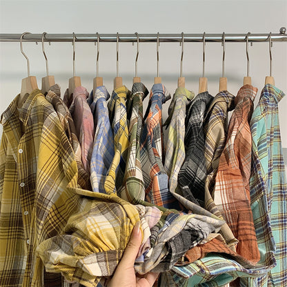 Women Tartan Shirt Long Sleeve Collared Button Up Oversized Plaid Shirt Jacket Grunge Fashion Teenage Girl Spring Summer Outfit