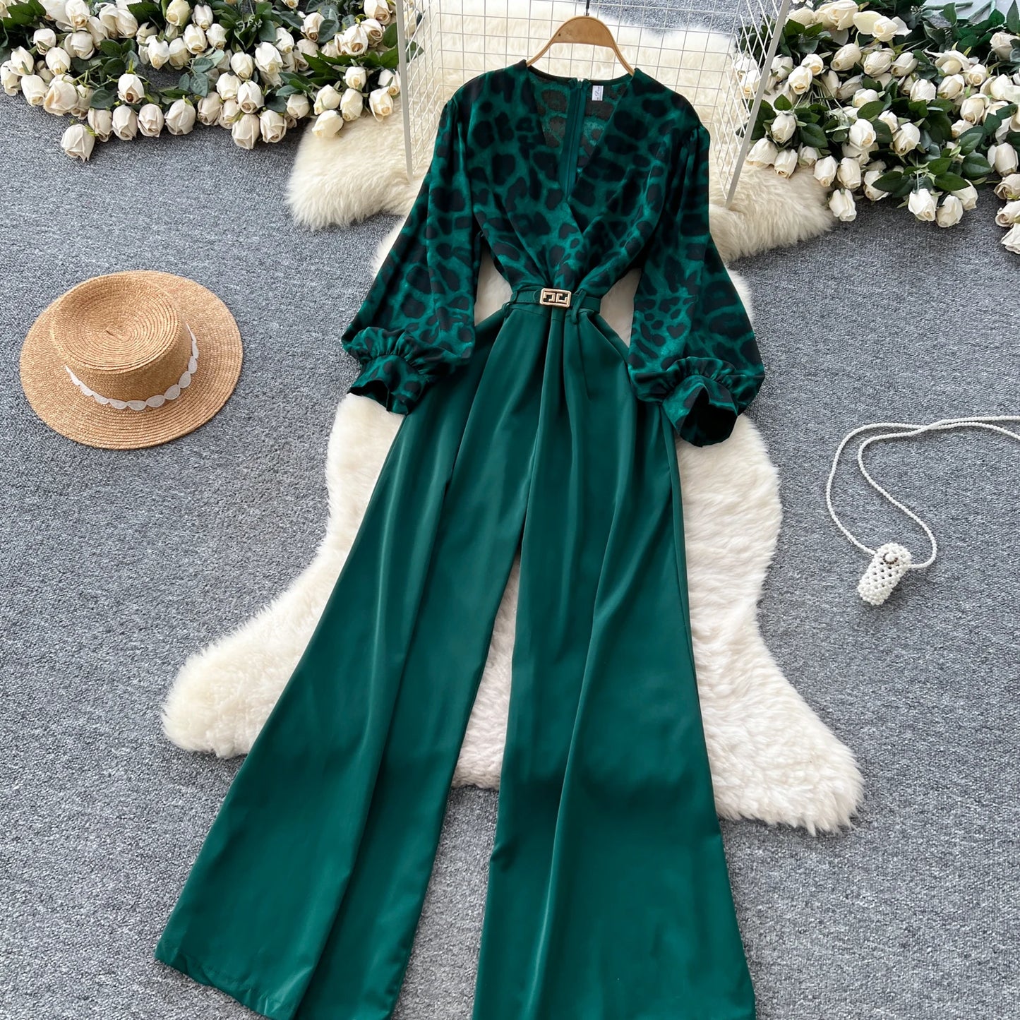 SINGREINY Autumn Leopard Long Jumpsuits V Neck Long Sleeves Belt Wide Legs Pants Women American Retro Senior Office Lady Rompers