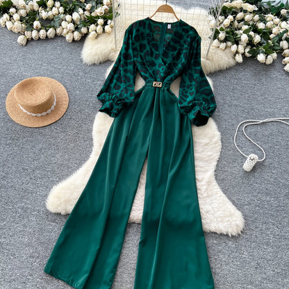 SINGREINY Autumn Leopard Long Jumpsuits V Neck Long Sleeves Belt Wide Legs Pants Women American Retro Senior Office Lady Rompers