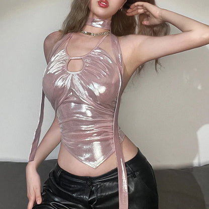 Nibber Metallic Retro Matte Solid Color Simple Sexy All-Match Summer High Street Confident Cool Mature Charm Women Backless Vest
