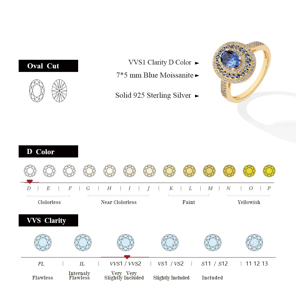 ATTAGEMS Blue Moissanite Women Rings Oval Cut 1.0CT Real S925 Sterling Silver Jewelry For Wedding Engagement Ring With Certified