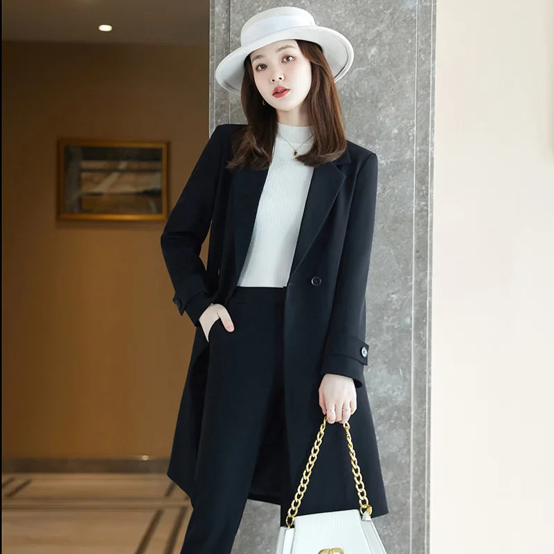 2022 Winter High-end Women's Business Suit Pants Two-piece Set Temperament Slim Solid Color Lady Double Breasted Trench Coat