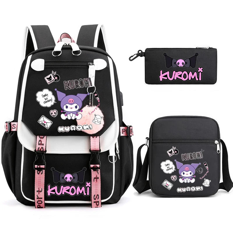 Kuromi Student Backpack 3pcs Cartoon Rucksack Girls School Bag High Capacity Women Backpack Female Cute Leisure Travel Mochilas