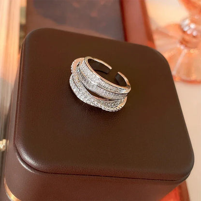Light Luxury Inlaid Cubic Zircon Finger Ring for Women Classic Cross Design Open Ring Bride Jewelry for Engagement Wedding