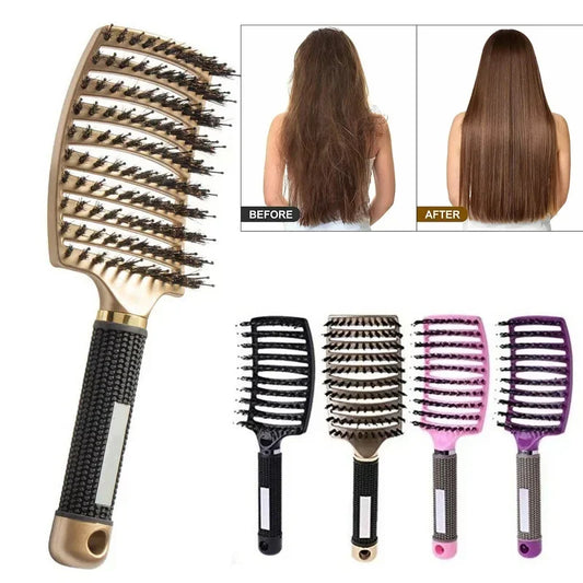 ヘアブラシ 頭皮マッサージコーム ヘアブラシ 猪毛 ナイロン 女性用 濡れたカーリー もつれ解消 ヘアブラシ サロン 美容スタイリングツール