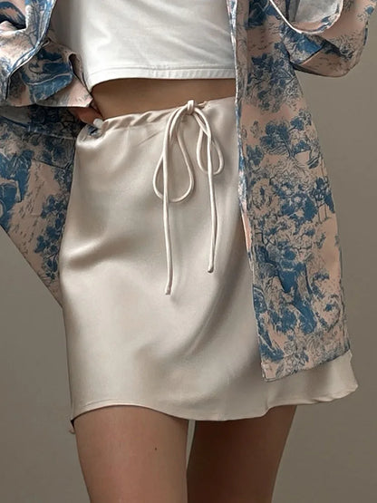 Satin Mini Skirts Women Summer Beige Silk Short Skirt For Woman Drawstring High Waist Black Satin Skirt A Line Women Short 2025
