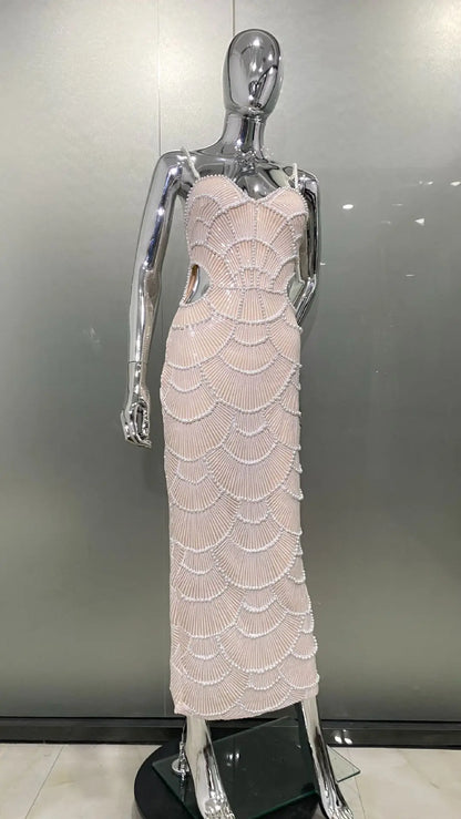 Deluxe Exquisite Sequin Beaded Sexy Hollow Suspender Dress Celebrity Birthday Party Dinner Dress Sweet Date Prom Dress