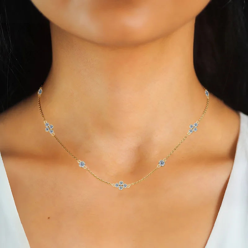 Full Moissanite Flower Necklace Clavicle Chain Adjustable 925 Silver Plated 18k Gold Women's Choker Jewelry Valentine Gift