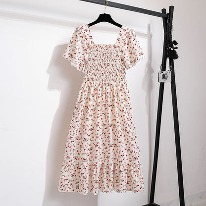 Summer Autumn Fashion Female Short Sleeve Elastic Waist Printed Floral A-line Midi Dress Women Chiffon Dresses Casual Dress