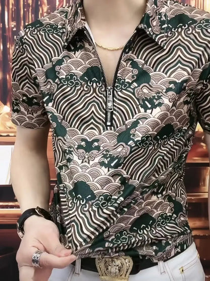 New Chinese Trend Leading Half-zip Men's Short-sleeved Shirt, Hong Kong Style Top
