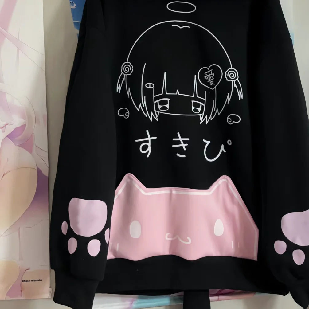 日本の漫画プリントフリースパーカー レディース 原宿ゴシック 猫耳 フード付き ヴィンテージ パーカー ストリートウェア Y2K 美的 スウェットシャツ
