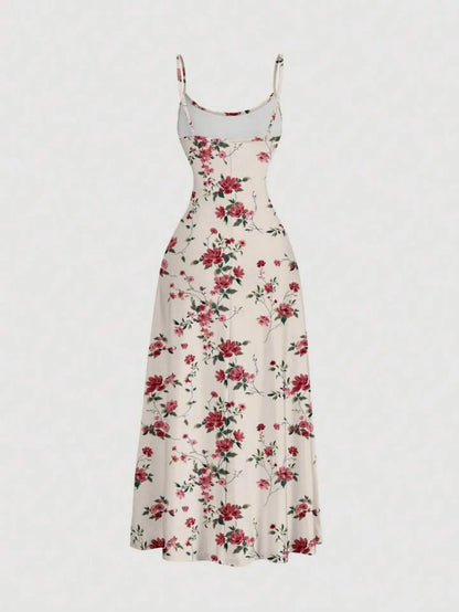Women Summer Casual Sweet Floral Print Halter Dress High Waist Pleated Slim Fit A-line Dress Casual Vacation Dress