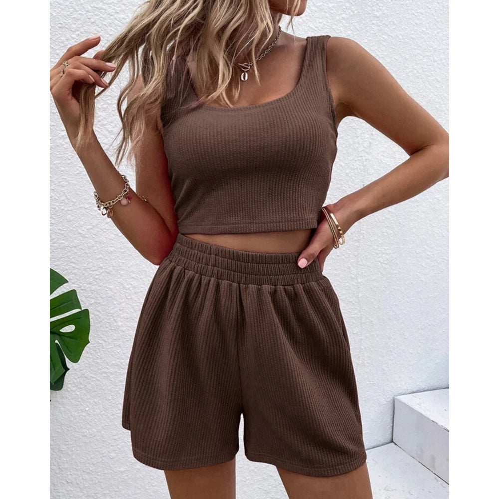 Girls' Fresh and Sweet Shorts Set 2023 Summer Casual Women's Knitted Rib Sleeveless U-neck Top and Shorts Two Piece Set