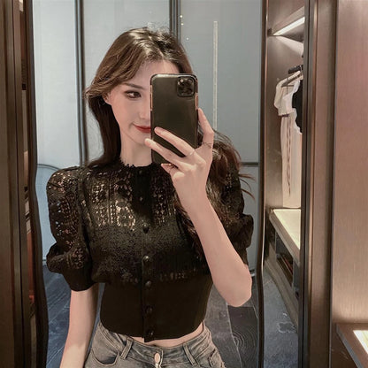 Woherb Sweet Crochet Top Blouse Women Sexy Hollow Out Shirt Vintage Puff Sleeve Korean  Shirts Fashion Chic Tops Blusas