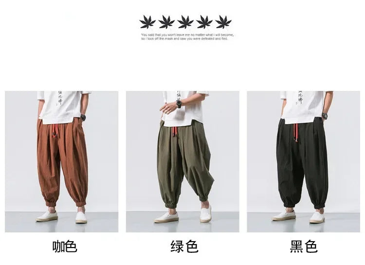 New Trendy Men Harem Pants Loose Oversized Style Cotton and Linen High Quality Jogger Sweatpants Casual Male Trousers