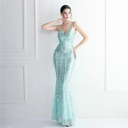 Women's Black Long Sleeve Padded Strap Sequin Dress Length, Sparkles Stretch, V Neck Mermaid, Formal Evening Dress, Night Party