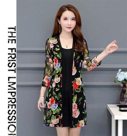 2024 Female Mid Length Large Size Sun Protection Cardigan Tops Coat Women Summer Gauze Lace Print Thin Sun Sunscreen Jacket 5XL