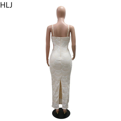 HLJ Sexy Sequin Hollow Bodycon Spaghetti Strap Evening Party Dresses Women Round Neck Sleeveless Slim Vestidos Fashion Clothing