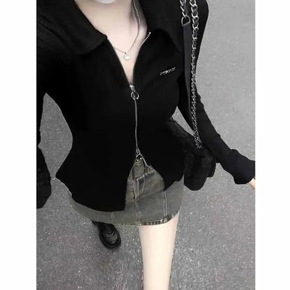 Lucyever Autumn New Black T Shirts Women Y2K Streetwear Zipper Crop Tops Woman Sexy Slim Turn Down Collar Long Sleeve Tees Lady