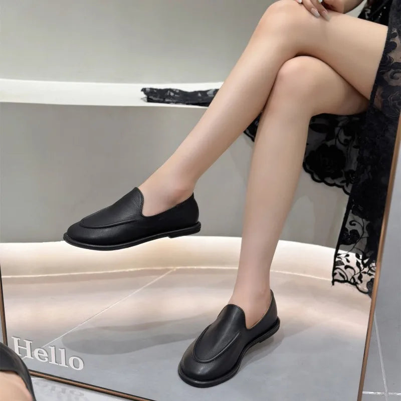 Loafers Women 2024 New Spring One Foot Slip-on Round Toe Shoes Women Genuine Leather Soft Flats Shoes Women