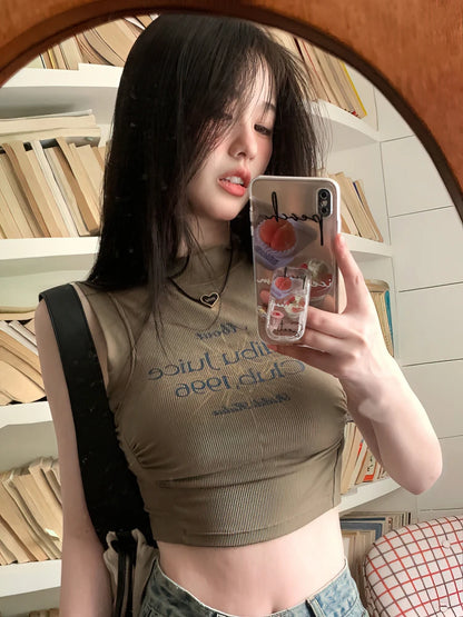 Fashion Y2k Crop Top Women Sleeveless Sexy Top Tees Vintage Letter Print T Shirt Shirring Half Turtleneck Pullover 2023 Korean