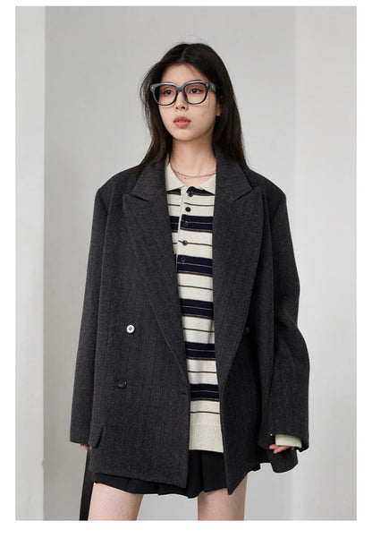 CHIC VEN Women Woolen Blazer Loose Vintage V Neck Female Jacket Suit Double Breasted Office Ladies Coat Spring Autumn 2025