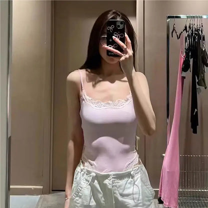 Sexy Bodysuit Tops For Women 2025 Summer Y2k Clothes Lace Panel BodySuits Women Solid Color Cami Bodysuit Backless Lace Top Pink