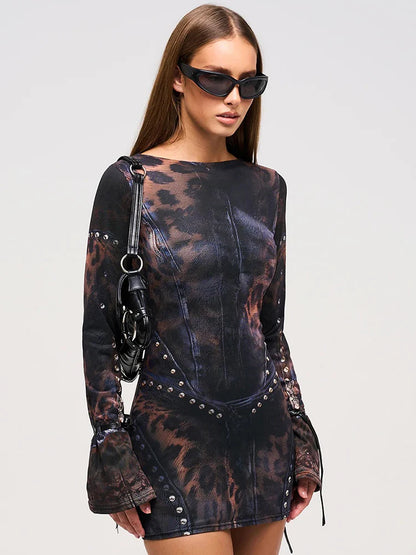 Nibber Leopard Print Women Dress Rivet Frenulum Gradient Long Sleeves Skinny Midnight American Retro Rock Style Mini Bodycon