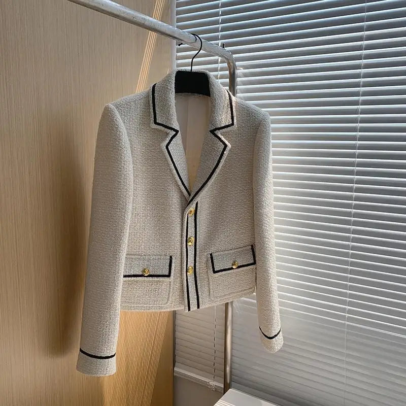 2024 French Light Luxury Celebrity Temperament Black and White Lapel Foreign Tweed Jacket Female Personality Advanced
