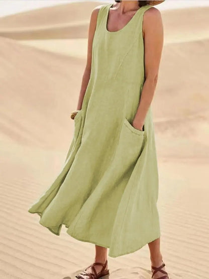 Chic Women Coton Linen Sundress Summer Female Sleeveless Double Big Pocket Loose Sand Beachwear Long Dress Oversized Vestidos