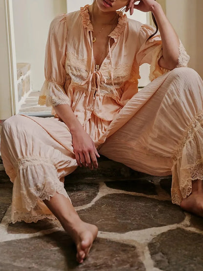 Women Y2k Vintage Lace Bloomer Pants Sets 2 Piece Lacey Babydoll Tank Top Long Bloomers Cropped Pants Suit Outfits Matching Sets