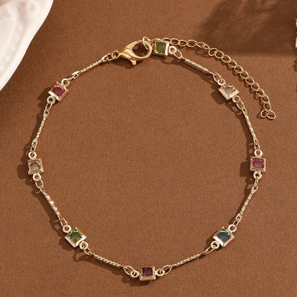 Kinitial Tiny Colorful Square Zircon Anklets For Women Bracelets Summer Barefoot Sandals Jewelry On Foot Leg
