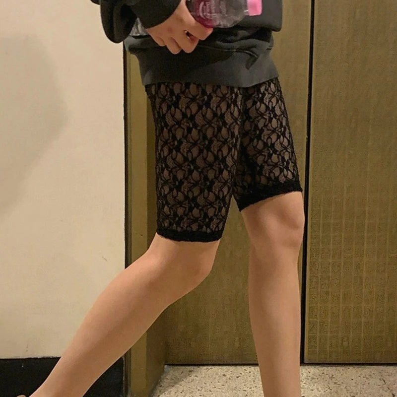 レディース セクシー ハイウエスト シアーメッシュ バイカーショーツ ワークアウト ジム 透け感 フラワーレース ボディコン ショートレギンス タイツ