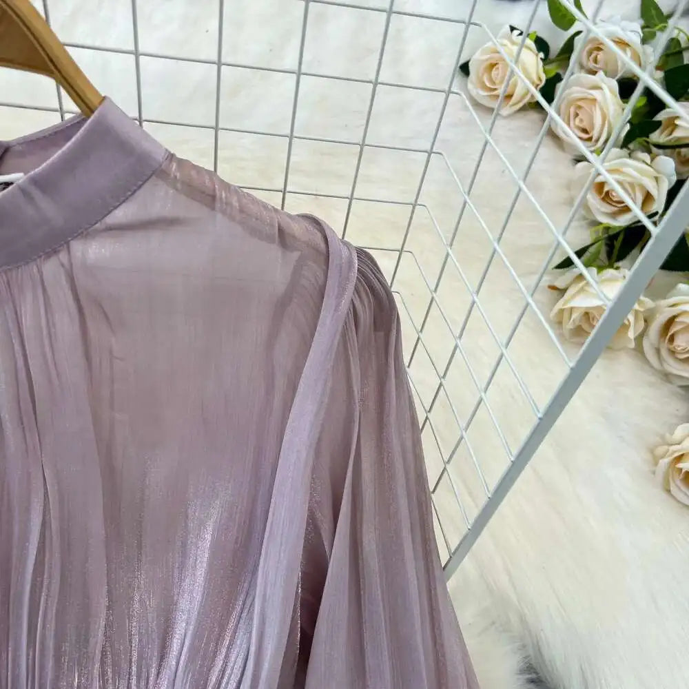 Elegant Long Sleeve Midi Party Dresses Women Summer Autumn Bright Faux Silk Retro Solid Evening Party Vestidos