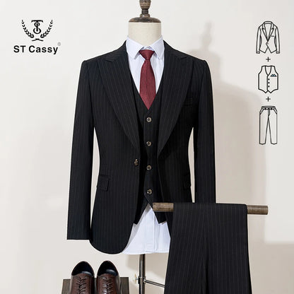 ST Cassy 高品質ブラックストライプスーツ スリムフィット 豪華でエレガントなメンズビジネススーツ 結婚式ファッション服 3点セット