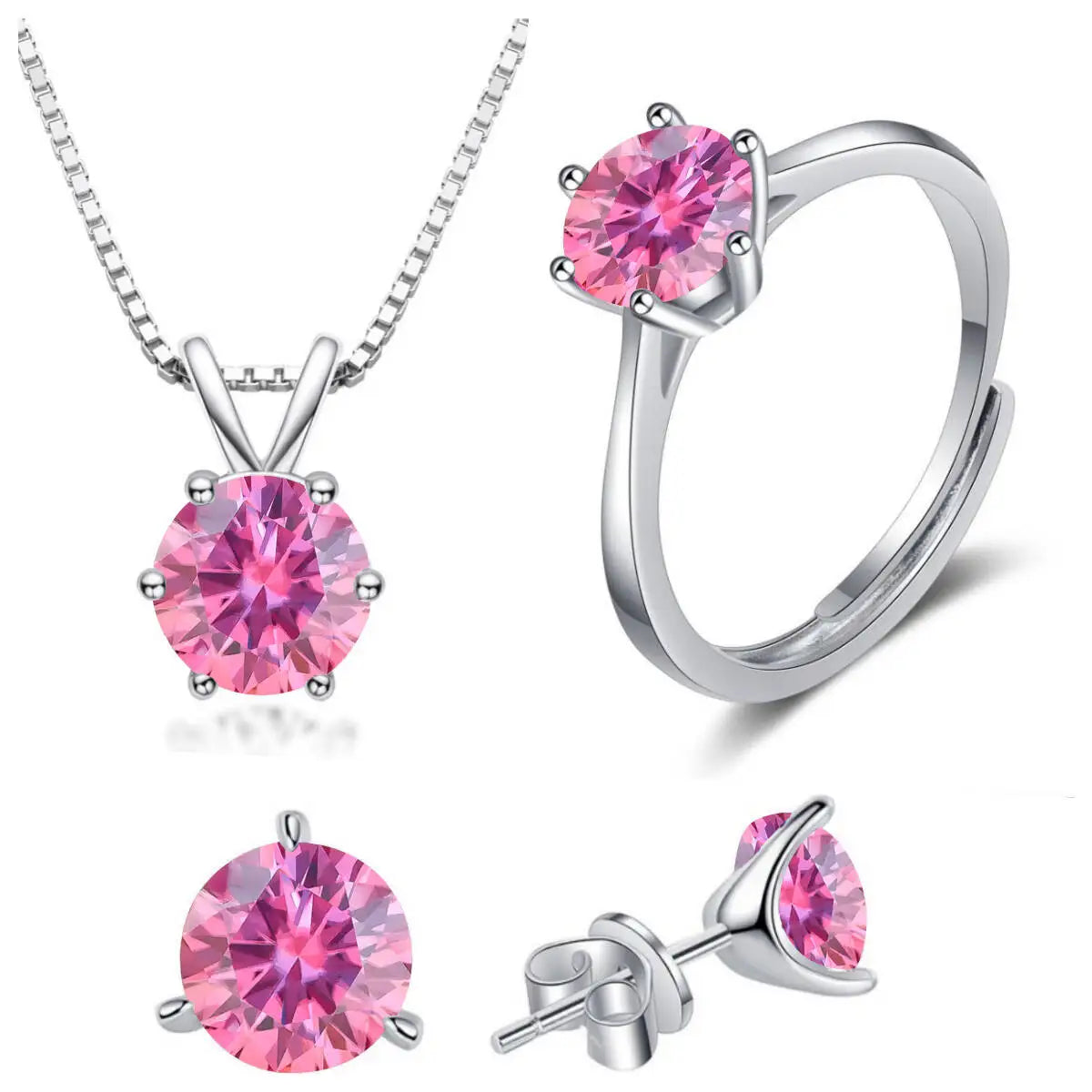 925スターリングシルバー 1CT*4 Dカラー モアサナイト リング イヤリング ネックレス セット ファインジュエリーセット エレガント レディースジュエリー パーティー ウェディング用