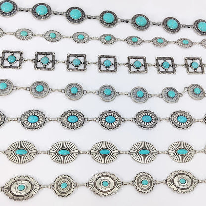 Fashion Silver Bohemian female circular waist chain luxury blue gemstone Ellipse chain belts for women suitable for Skirts dress